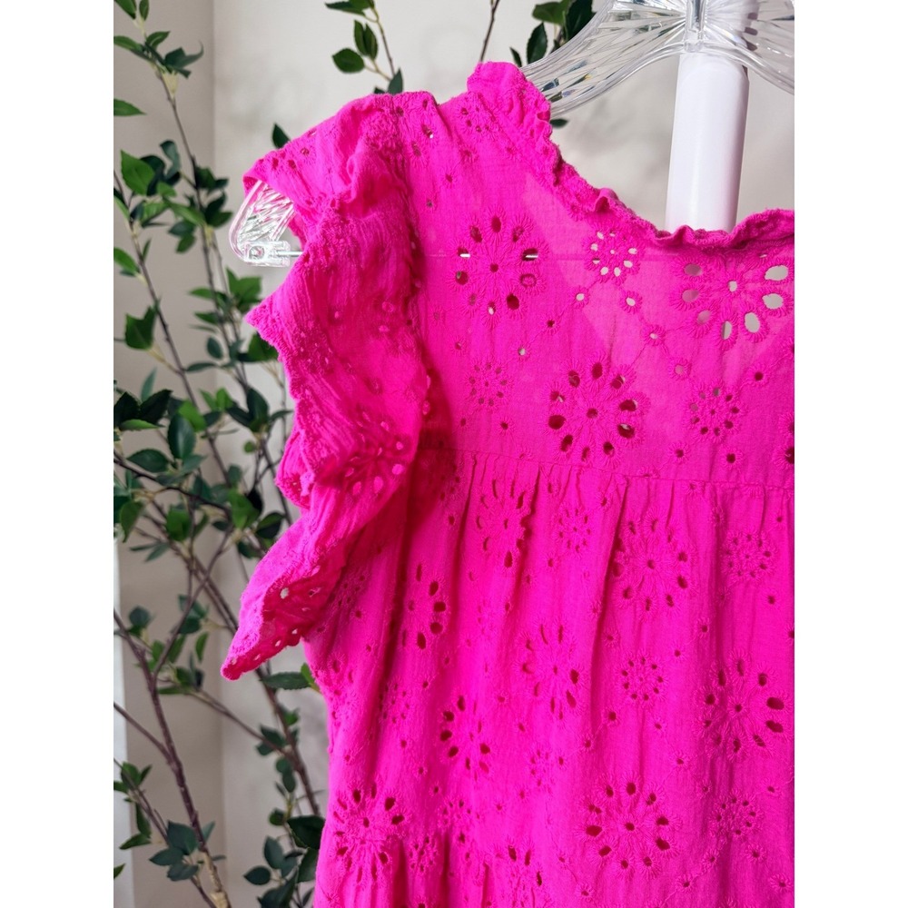 Ryan Michelle Hot Pink Eyelet Lace Mini Dress Cotton Ruffle Tiered Boho M - Picture 4 of 8
